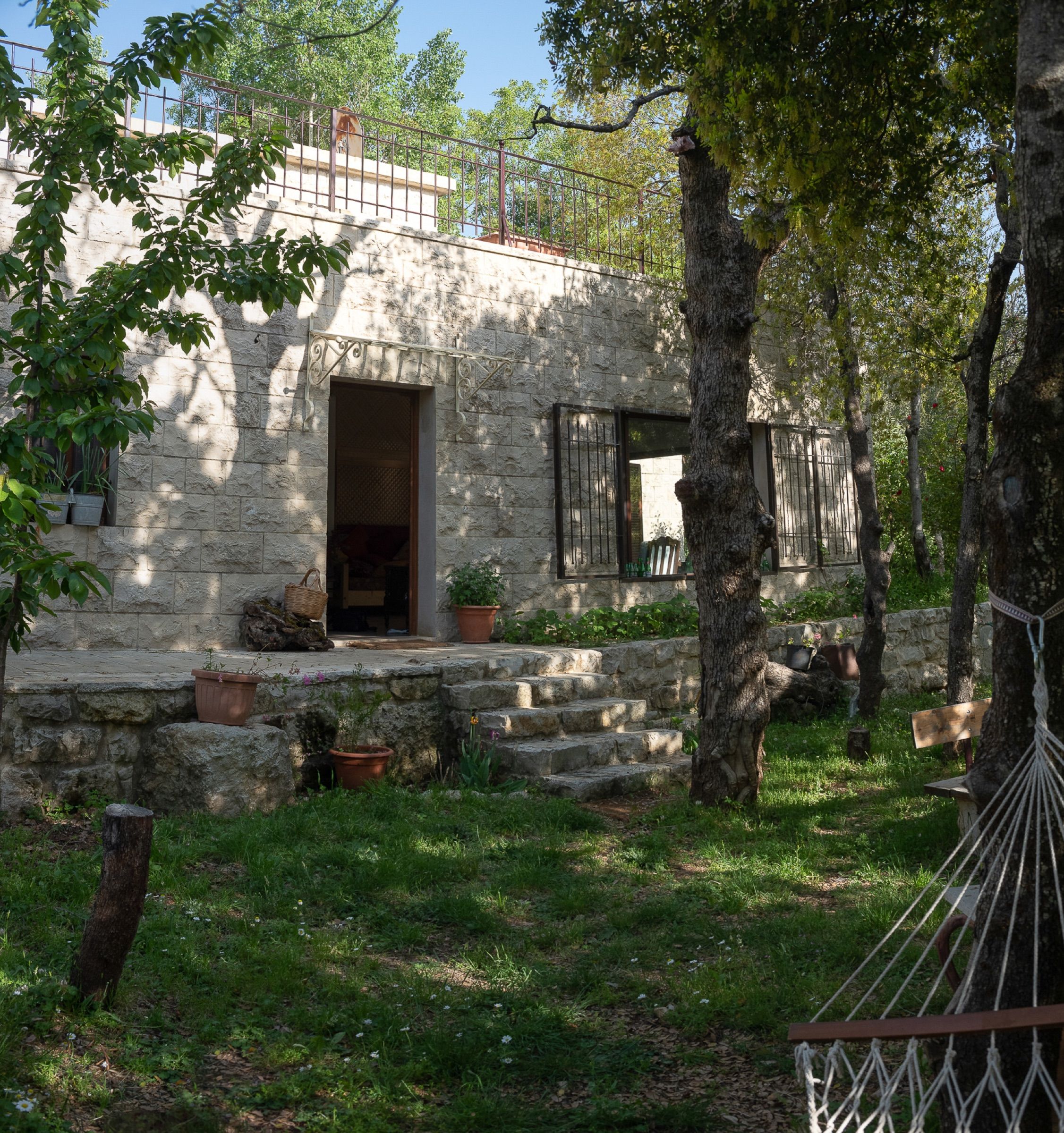 The stone guesthouse seen across the lawn through olive trees, with a hammock slung in the foreground