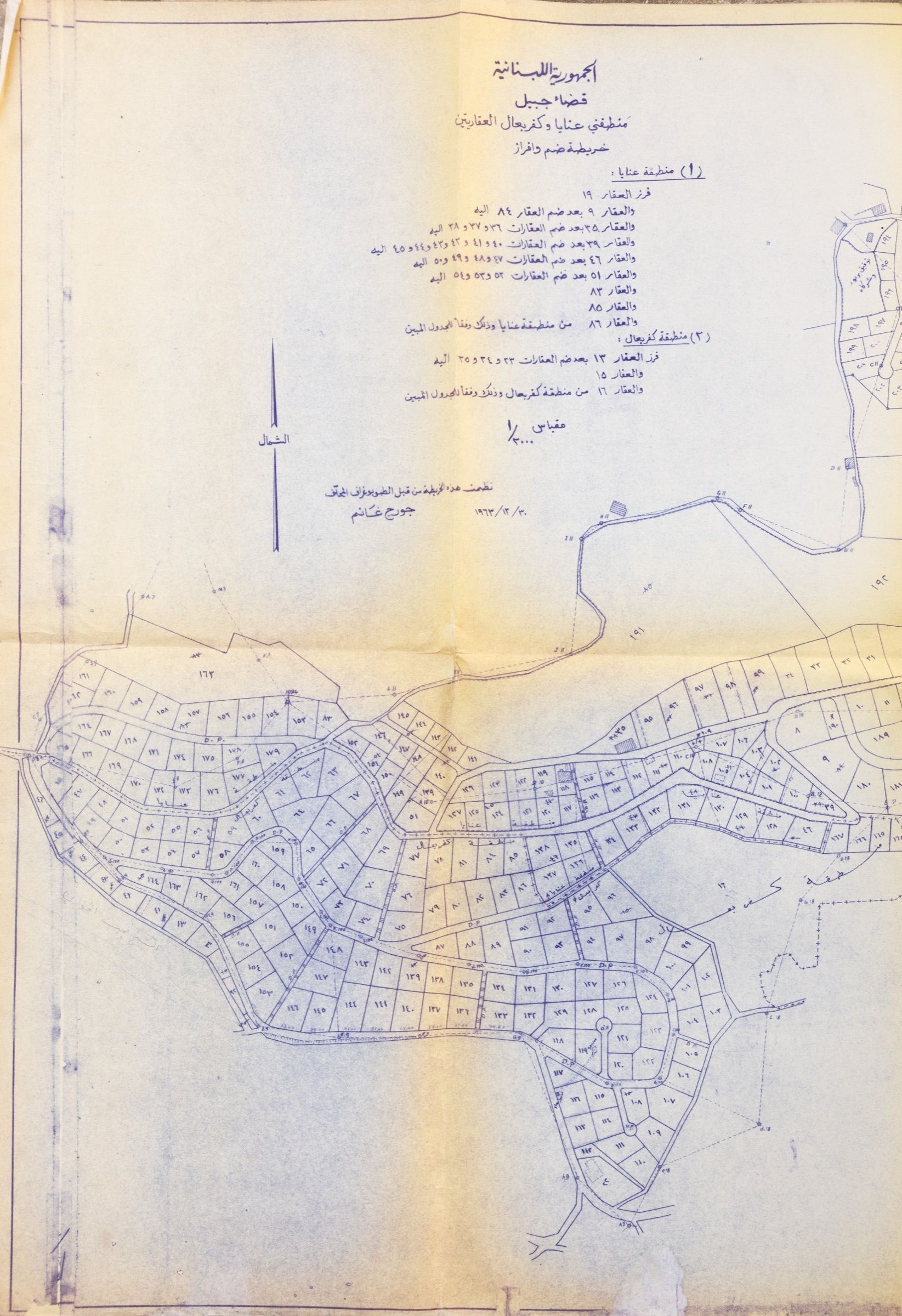 An antique hand-drawn land survey of the village in Arabic, showing the terraced plots in blue ink