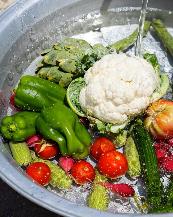 Garden vegetables including cauliflower, peppers and tomatoes being rinsed under running water in a metal basin
